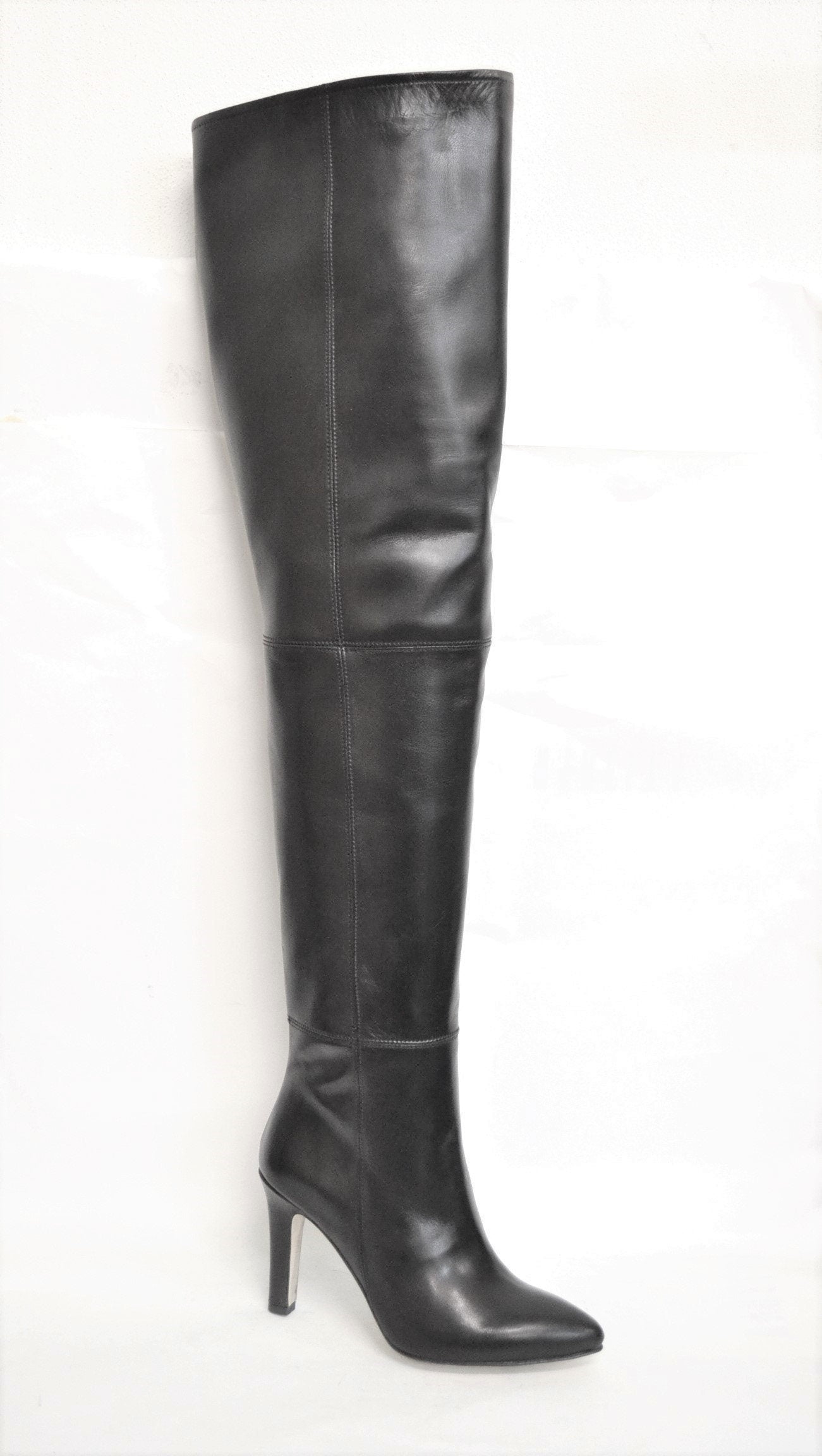 THIGH BOOTS STIVALI donna alla coscia vera pelle di nappa colore nero, fodera pelle suola cuoio made in Italy artigianali
