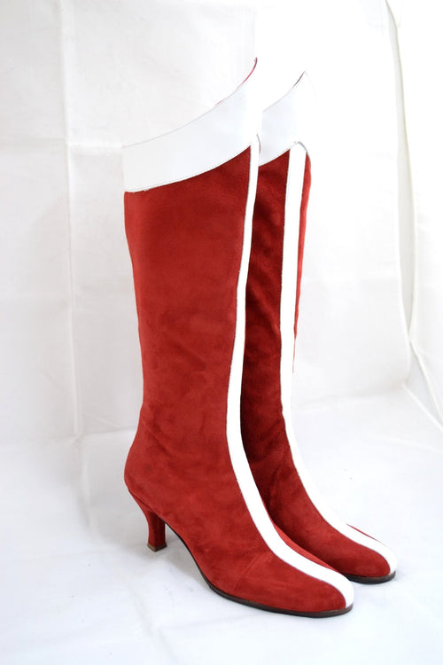STIVALI DONNA BOOTS Wonder Woman vera pelle scamosciato colore rosso, fodera pelle suola cuoio made in Italy artigianali su misura