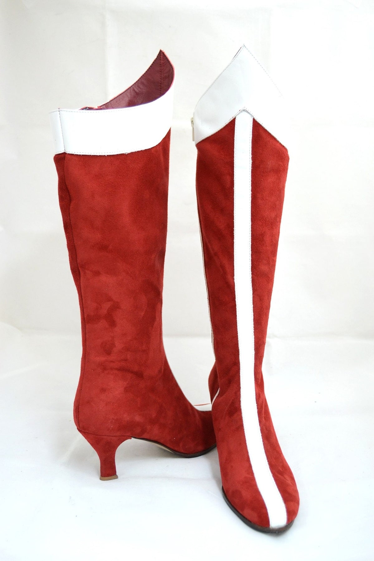 STIVALI DONNA BOOTS Wonder Woman vera pelle scamosciato colore rosso, fodera pelle suola cuoio made in Italy artigianali su misura
